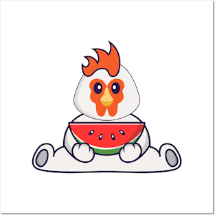 Cute chicken eating watermelon. Posters and Art